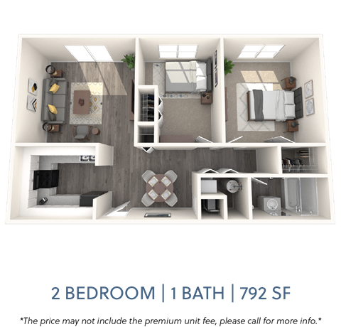 Floor plan for 2 beds, 1 bath, 792 sqft